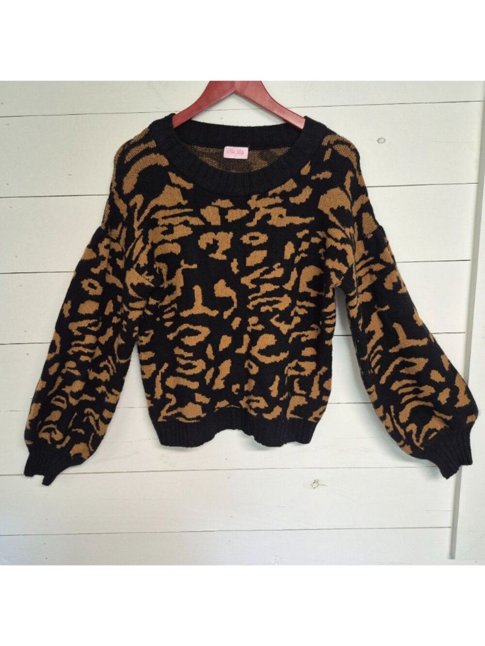 Pink Lily Womens super soft Black & Tan Leopard Print Knit Sweater L - Picture 2 of 7